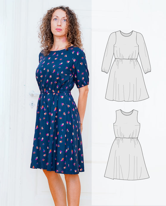 Rila dress sewing pattern for a woven dress with an elastic waist and sleeves