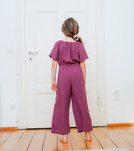 Elastic neck jumpsuit sewing pattern sewn in soft double gauze fabric