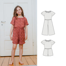 Girls Elastic Neck Jumpsuit sewing pattern featuring a relaxed fit and wide leg pants