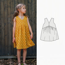 Girls Soley Dress sewing pattern featuring a unique shaped bodice and gathered skirt
